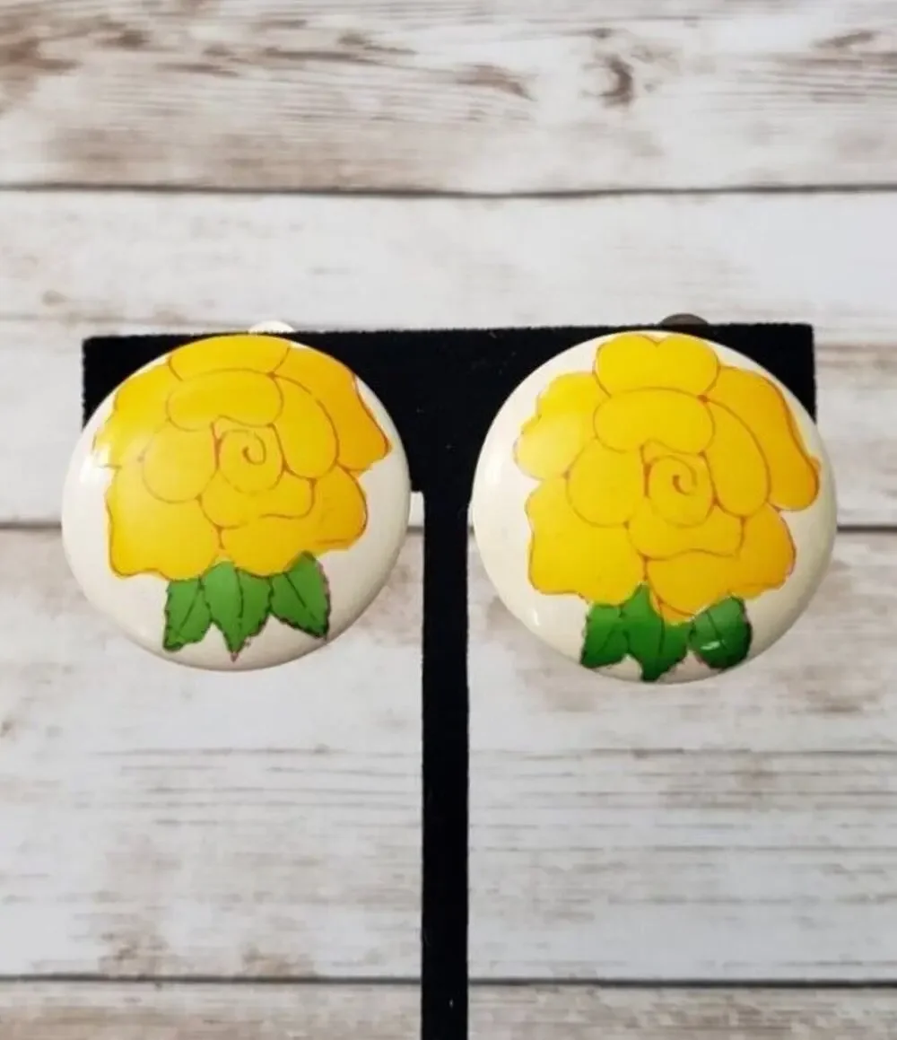 Vintage Clip On Earrings - Large Cream Circle with Yellow Flower